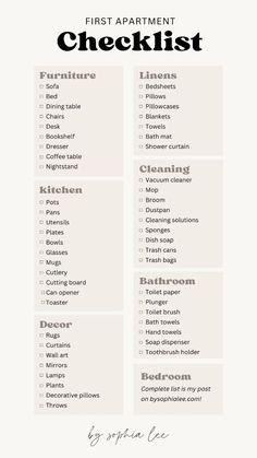 the first apartment checklist is shown in black and white