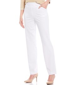 From Investments&#x2C; these pants feature:two-way stretch fabricationSecret Support® tummy panelfunctional front pocketspull-on constructionapprox. 29" short inseam&#x2C; 31" regular inseam&#x2C; 33" long inseampolyester/rayon/spandexmachine wash/tumble dry lowImported. Straight Pants With Pull-on Style And 4-way Stretch, Straight Pants With 4-way Stretch And Pull-on Style, Classic Mid-rise Comfort Stretch Bottoms, Classic Mid-rise Bottoms With Comfort Stretch, Classic Bottoms With Elastic Waistband And 5-inch Inseam, Classic Bottoms With 5-inch Inseam And Elastic Waistband, Classic Comfort Stretch Mid-rise Bottoms, Classic Comfort-stretch Mid-rise Bottoms, Classic Bottoms With Elastic Waistband And 4-way Stretch