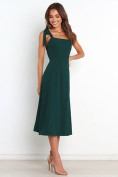 Laurel Dress - Emerald - Petal & Pup USA Forest Green Dress Formal Midi, Midi Semi Formal Dress, Green Mid Length Dress, Fall Wedding Guest Midi Dress, Spring Wedding Guest Dress Casual, Mid Length Dresses Classy, Mid Length Dresses Formal, Midi Formal Dress, Satin Dresses Long