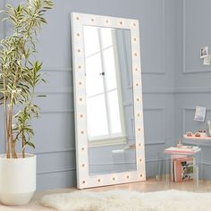 a large white mirror sitting on top of a floor next to a potted plant