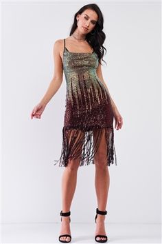 Gatsby Multicolor Sequin Sleeveless Criss-Cross Back Fringe Hem Detail Fitted Midi Dress /1-2-1 Fitted Midi Dress, Trendy Boutique, Clothing Company, Wholesale Clothing, Gatsby, Dress P