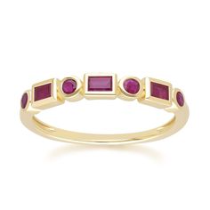 A Stunnine Classic Ruby Eternity Ring in 9ct Yellow Gold.  A gemstone of passion, the ruby signifies desire and success and is the perfect gift from a loving partner. As a birthstone, Ruby represents July birthdays  Discover Gemondo's classic jewellery with a range of timeless designs set with natural gemstones. Find elegant gemstone rings and occasion jewellery pieces that never go out of style. A quick buff with a jewellery cleaning cloth will remove metal tarnishes and keep gemstones looking Luxury Stackable Ruby Ring With Round Band, Luxury Stackable Ruby Ring For Anniversary, Elegant Ruby Gemstone Eternity Band, Elegant Ruby Eternity Band, Elegant Red Gemstone Eternity Band, Luxury Stackable Ruby Ring, Ruby Eternity Band In Yellow Gold Stackable, Stackable Ruby Eternity Band In Yellow Gold, Yellow Gold Ruby Eternity Band Stackable