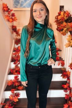 Twist Neck Blouse | Sophie & Trey Fall Must Haves, Cargo Jacket, Dress Store, Online Clothing Boutiques, Satin Blouses, Green Satin, Cozy Sweaters, Trendy Dresses, Personal Stylist