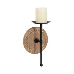 the candle holder is made from wood and metal