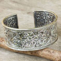 NOVICA Floral Motif Handmade Cuff Bracelet | The Animal Rescue Site Silver Bracelet Stack, Flower Cuff Bracelet, Cuff Bracelets Handmade, Sterling Silver Bangle Bracelets, Sterling Silver Rings Bands, Sterling Silver Cuff Bracelet, Silver Bangle Bracelets, Sterling Silver Bangles, Sterling Silver Cuff