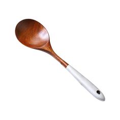 a wooden spoon with a white handle on a white background