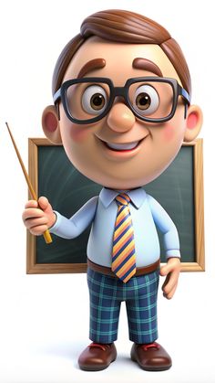 a cartoon man with glasses and tie holding a pointer in front of a blackboard