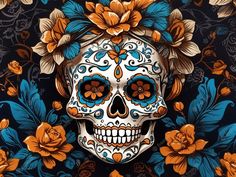 a painting of a skull with flowers on it's head and the background is black