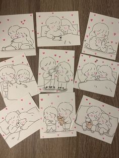 six cards with drawings of people hugging each other and hearts in the background on a table