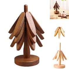 the wooden tree is made from wood and has four different pieces on it, including one with