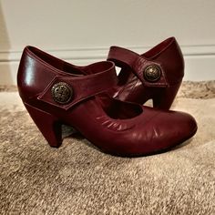 These Vintage Mary Jane-Style Shoes Are A Beautiful Burgundy Color, With Approx. 2.5" Heels And Velcro Closure. Never Worn, In Original Box. European Size 40, A Little Too Small For My Size 9 Feet. Would Be Just The Thing For Swing Dancing, Or For The Vintage Fashionista! From A Smoke And Pet-Free Home. Vintage Burgundy Heels With Round Toe, Vintage Burgundy Closed Toe Heels, Burgundy Almond Toe Heels Medium Width, Burgundy Low Heel Heels With Medium Width, Burgundy Low Heel Medium Width Heels, Flapper Shoes, Collection Board, Swing Dancing, My Size