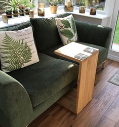 a green couch sitting in front of a window next to a wooden table with plants on it