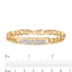 Complement your favorite casual attire with this glistening personalized identification bracelet. Fashioned in sterling silver and 14K gold plate, this shimmering look features the name of your choice - from three to eight characters in length - sculpted in a textured script font in silver atop a gold-plated center plaque. Buffed to a brilliant luster, this 7.0-inch curb chain bracelet secures with a lobster clasp. Custom Name 14k Yellow Gold Bracelet, Classic Engraved Yellow Gold Diamond Bracelet, Classic Engraved Gold Bracelet For Personalized Gift, Classic Personalized Nameplate Jewelry, Yellow Gold Nameplate Bracelet With Engraving Option, 14k Gold Nameplate Bracelet For Anniversary, Gold Nameplate Chain Bracelet With Custom Name, Personalized Nameplate Bracelet In 14k Gold, Engravable Nameplate Bracelet In Yellow Gold