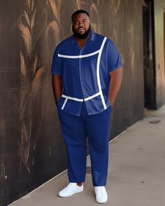 This men's blue walking set is designed in a white stripe design, making it perfect for those who appreciate minimalist aesthetics. With a relaxed fit, this walking set ensures a flattering silhouette for big guys. Its versatile design allows for easy styling across various occasions and fashion statements. Type: Short-Sleeved Shirt Pants Set Design: Print, Stripe, Blue, White Style: Simple Fit: Loose Neckline: Lapel Sleeve Length: Short Sleeve Occasion: Causal, Formal, Business, Party, Shopping Casual Blue Printed Top, Casual Blue Tops With Printing, Casual Blue Top With Printing, Blue Cotton T-shirt With Print, Blue Custom Print Shirt For Streetwear, Fitted Blue Shirt With Custom Print, Blue Fitted Shirt With Custom Print, Walking Outfit, Walking Outfits