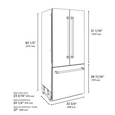 a drawing of a refrigerator with measurements for the door and bottom drawer, shown in white