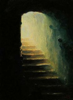 an oil painting of stairs leading into a dark cave with light coming from the entrance