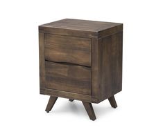 a wooden nightstand with two drawers on one side and an open drawer on the other