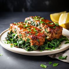 meatloaf with spinach and sauce on a plate next to lemon wedges