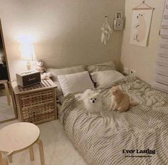 two small dogs sitting on top of a bed next to each other in a bedroom