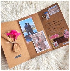 an open book with pictures and flowers on it