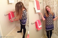 two pictures of a woman in the bathroom, one holding a pink towel and the other looking at her reflection