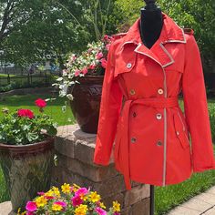 Sam Edelman Melon/Orange Double Breasted Rain Coat With Waist Tie And Silver Hardware. Size M. Never Worn Orange Long Sleeve Outerwear For Spring, Fitted Casual Orange Outerwear, Casual Fitted Orange Outerwear, Trendy Fitted Orange Outerwear, Rain Spring, Spring Coat, Rain Coat, Silver Hardware, Waist Tie