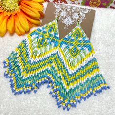 New! Artisan Handmade! Hand Beaded Large Southwest Style Fringe Earrings Long Large Lush & Lovely! Chevron Fringe Design! Spring & Summer Vacation Vibe In A Stunning Color Palate! Blue Green Yellow White Mix All Hand Beaded In Our Boutique! Double The Fringe Of Most Earrings! Runway High-End Boutique! Absolutely Stunning! Perfect For Party, Date Night, Career, Vacation Or Cruise! Lots Of Beads & Numerous Hours Went Into These Handcrafted Beauties! Lovely "One Of A Kind" Design Don't Let Them Sli Yellow Tiny Beads Festival Jewelry, Yellow Tiny Beads Jewelry For Festival, Traditional Yellow Handwoven Beaded Earrings, Bohemian Yellow Beaded Dangle Earrings, Bohemian Yellow Earrings For Beach, Handwoven Yellow Beaded Earrings With Round Beads, Yellow Summer Festival Jewelry, Yellow Handwoven Beaded Earrings With Round Beads, Artisan Handwoven Yellow Earrings