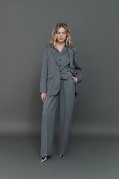 Gray Straight Pants, Women Pleated Trousers, Office Suit, Formal Wear, Wide Leg Pants, Three Piece Suit, Women Melange Palazzo ⭐Size: Please write your chest, waist, hips, height, and we will make a suit to your individual measurements! After you place your order, we may ask you for additional measurements. We do this to ensure that the suit fits you perfectly👌😊 ⭐Our fabric: We have used a premium quality suiting fabric.  ⭐Shipping: ✈️We have two shipping options that we can offer: Free Shippi Oversized Suit Women, Grey Blue Suit, Three Piece Suit Women's, Formal Pantsuit, Straight Pants Women, Formal Vest, Office Suit, Work Formal, Church Suits