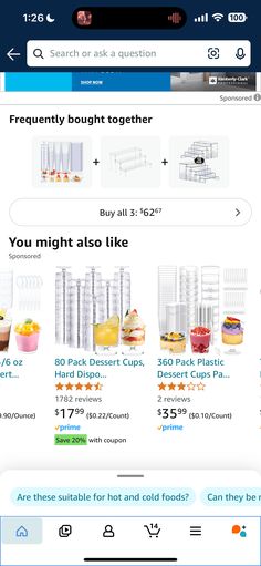 an app showing the price of plastic cups and other items for sale on the internet