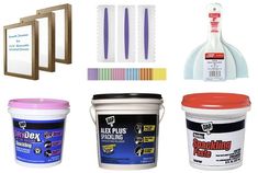 several different types of paint are shown in this image, including one white bucket and the other pink