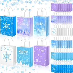 several bags with snowflakes on them are shown in different colors and sizes, including blue