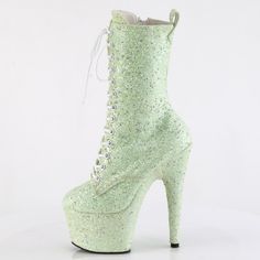 7" High Heel, 2 3/4" Platform Glitter Lace Up Ankle Boots. Inner Side Zipper Closure. Styles: Dance Clubbing Festival Dancer Mint Green Roda-1040gr Green Platform Boots, Closure Styles, Fantasy Shoes, Green Platform, Glitter High Heels, Drone Images, Fairy Costume, Green Shoes, Lace Up Ankle Boots