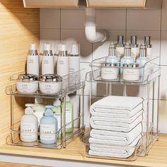 a bathroom shelf filled with lots of white towels and personal care items next to a sink