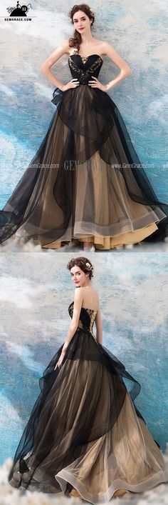 Black Strapless Ball Gown For Wedding, Black Strapless Ball Gown For Party, Black Strapless Tulle Gown, Black Tulle Ball Gown For Prom Season, Black Ruffled Dress For Debutante Ball, Black Strapless Organza Dress, Black Organza Strapless Dress, Black Tulle Ball Gown With Tulle Skirt, Black Tulle Strapless Dress For Party