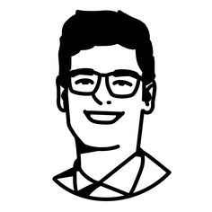 a black and white drawing of a man with glasses on his face, smiling at the camera