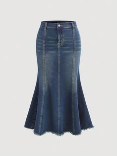 Vintage Retro Blue Denim Mermaid Skirt For Teenage Girls Dark Wash    Denim Plain Mermaid High Stretch  Teen Girls Clothing, size features are:Bust: ,Length: ,Sleeve Length: Denim Mermaid Skirt, Mermaid High, Girls Denim Skirts, Azul Vintage, Jean Bleu, Girl's Back, Denim Skirt Women, Retro Blue, Patterned Cardigans