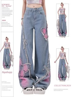 High-impact denim pants with a butterfly design.

Wide silhouette design that can be worn over a dowel.

Pair it with items with a compact silhouette for a modern Y2K outfit.
◾️Model
Height/Weight：160cm(62.9in)/45kg(99.2lb)
Fitting Size：M
◾️Material
cotton 75%
polyester 25%



Size (cm)
Length
Waist
Hip


S
102
64
96


M
104
68
100


L
106
72
104


XL
108
76
108 Baggy Street Style, Oc Outfits, Grunge Jeans, Cute Pants, Korean Street, Ropa Diy, Mein Style, Denim Details, Really Cute Outfits