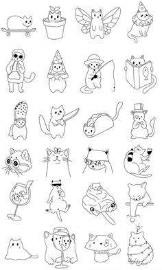 a bunch of cartoon animals that are drawn in black and white with some lines on them