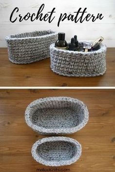 the crochet basket is made from yarn and has two compartments for makeup, toiletries