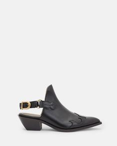 Desi Leather Western Mule Black | ALLSAINTS US Going Out Outfits Men, Western Mules, Western Style Boots, Boots And Sneakers, Shoes Outlet, Sweaters And Jeans, Sneaker Heels, Leather Belts, Jeans For Sale