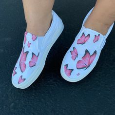 Fly away with our Custom Printed Butterfly Vans! The Pink Butterfly Pattern is printed all over the White Slip on Vans. Custom Made-to-Order shoes. Made in USA. We buy each pair of shoes BRAND NEW. Each pair is made to order, please make sure you put in the correct shoe size before you check out. The ink is permanent and will never come off, fade away, or peel off. Made in the USA. This price includes everything: shoes, artwork, and shipping. Thanks for stopping by our Etsy shop! Please message Hand Painted Slip-on Sneakers For Spring, Spring Slip-on Custom Sneakers, Summer Slip-on Custom Sneakers With Rubber Sole, Hand Painted Slip-on Casual Sneakers, Casual Hand Painted Slip-on Custom Sneakers, Casual Hand Painted Slip-on Sneakers, Custom Vans Ideas, Butterfly Vans, Custom Slip On Vans