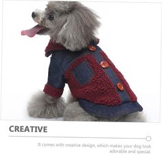 a small dog wearing a jacket with buttons on it's chest and tongue sticking out