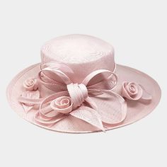 Crown Circumference : 23" Crown Height : 4.25" Brim Height : 3" Material : 100% Polyeste Ribbon Feather, Pink Church, Dressy Hats, Sinamay Hats, Church Hat, Crown Heights, Elegant Hats, Church Hats, Fascinator Hats