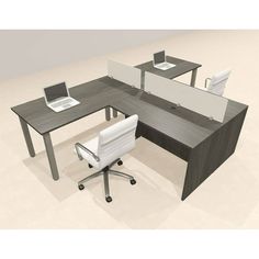 an office desk with two chairs and a laptop on it