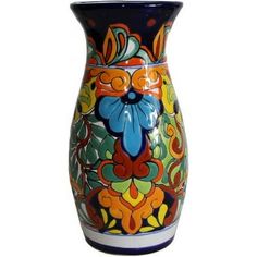 a colorful vase is shown on a white background