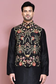 Black nehru jacket featuring multi color leaf and floral motif resham thread embroidery. Paired with a solid kurta and pyjama. - Aza Fashions Black Nehru Jacket, Pajama Pattern, Kurta Set For Men, Nehru Jacket, Nehru Jackets, Thread Embroidery, Kurta Set, Embroidered Silk, Raw Silk