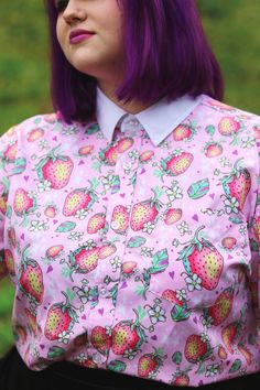 Show your love for strawberries and be stylin' in our adorable Strawberry Button-Up Shirt! Wear this tucked in, tied up, or full length! Perfect for summer or when you want to feel cute! 🍓 Specifications:  *Sizes range from  XS-3XL *UNISEX - (Runs a little large for an oversized look. I'd recommend sizing down for regular fit). *Short sleeves *Stretch Polyester for a comfy and soft feel Cute Summer Button-up Tops, Cute Button-up Summer Tops, Cute Fitted Shirt With Buttons, Sweet Fruit Print Summer Tops, Sweet Summer Tops With Fruit Print, Sweet Fruit Print Tops For Summer, Fun Collared Tops For Spring, Playful Pink Shirt For Summer, Cute Collared Shirt For Spring