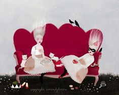 two women sitting on a red couch with pink hair and white dresses in front of them