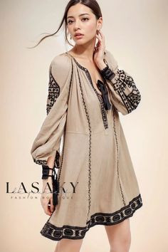 Lasaky - Embroidered Long Sleeve Boho-Style Mini Dress Long Sleeve Beige Dress With Embroidered Hem, Beige Long Sleeve Dress With Embroidered Hem, Embroidered Beige Fall Dresses, Fall Embroidered Beige Dress, Beige Long Sleeve Dress With Intricate Embroidery, Fall Long Sleeve Dresses With Geometric Embroidery, Beige Embroidered Long Sleeve Dress, Long Sleeve Embroidered Beige Dress, Casual Long Sleeve Dresses With Geometric Embroidery