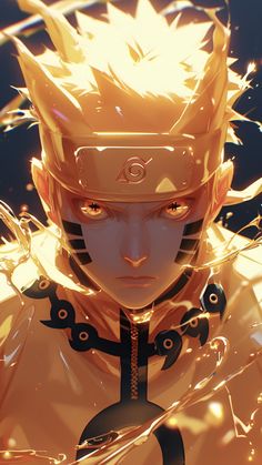 an anime character with white hair and orange eyes wearing gold armor, standing in front of bright lights